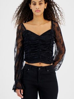Self Esteem Black Lace Mesh Puff Sleeve Ruched Victorian Gothic Crop Top Size 3X